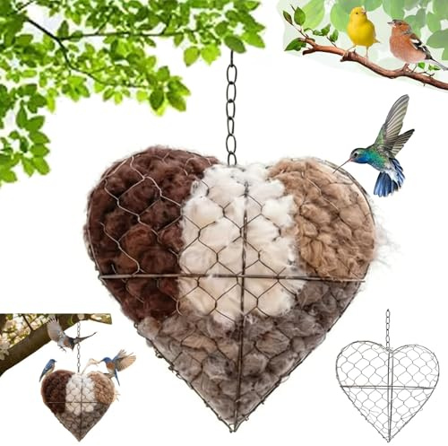 Handmade Fiber Bird Nesting Heart,Birds Nests Material Holder,Refillable Birds Haven Heart Shape Hummingbird Nest,Animal House Garden Materials,Hummingbirds Lovers Home Yard Outside Art