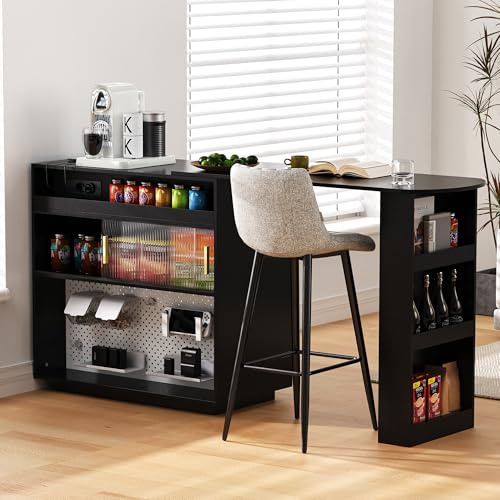 Merax Table de bar avec espace de rangement, compartiments ouverts, 2 tiroirs, portes coulissantes en verre, plaque perforée, station de charge, éclairage LED, îlot de cuisine avec plan de travail