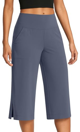 Women's Wide Leg Three Quarter Length Trousers Stretch Yoga Pants with Pocket Elasticatated Waist Capri Work Pants Relaxed Summer Tracksuit Bottoms Ladies 3/4 Length Trousers for Walking Gym Travel