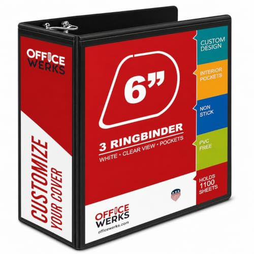 6 Inch 3 Ring Binder, Holds 1100 Sheets, Locking D-Ring, PVC-Free, Black