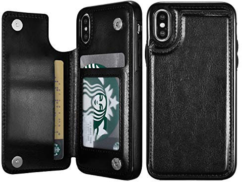 UEEBAI Case for iPhone XR, Luxury PU Leather Case with [Two Magnetic Clasp] [Card Slots] Stand Function Durable Shockproof Soft TPU Case Back Wallet Cover for iPhone XR - Black