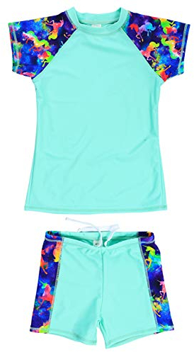 DUSISHIDAN Rash Guard Zweiteiliger Kinder Unisex Bademode Rashguard für Mädchen Jungen UV Schutz Badeanzug Kurze Ärmel und Hosen Grün