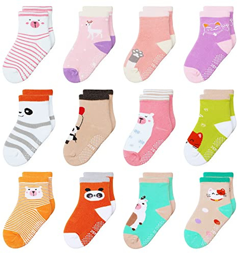 HYzgb Chaussettes pour bébés 12-18 mois Chaussettes pour tout-petits avec poignées antidérapantes 12 paires de chaussettes en coton 1 an 2 ans 3 ans cadeau pour tout-petits filles (multi-couleurs)