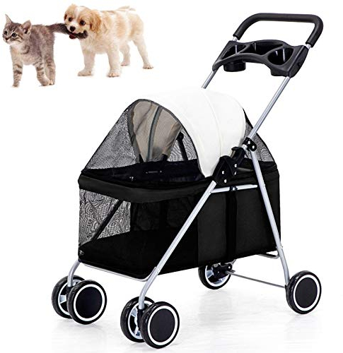 PJDDP 4 Hundebuggy Für Hunde Und Katzen, Faltbarer Hundewagen, Hunde Jogger Buggy Katzen Wagen,Haustier Transportwagen, Tiere Wagen, Buggy Stroller - Bis 15 Kg,Schwarz