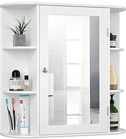 COSTWAY Bathroom Mirror Cabinet, Single Door Wall Mounted Storage Cupboard with Fixed/Adjustable Shelves, Home Office Living Room Display Organiser Unit (White, 65 x 17 x 64cm)