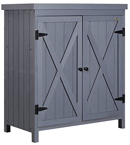 Outsunny Outdoor Storage Cabinet, Outdoor Tool Shed with Galvanized Top and Two Shelves for Yard Tools or Pool Accessories, Gray