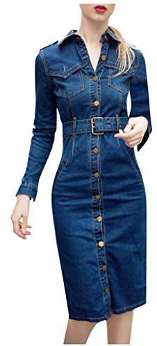 OnaiC Vestido vaquero de manga larga para mujer, vestido de invierno con cinturón, vestido de blusa, vestido de mezclilla, cuello en V, vestido de lápiz, sexy, vestido de noche, vestido de noche,