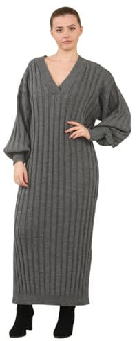janisramone® Womens Rib Knitted Dress, Long Balloon Sleeve V Neck Maxi Dress, Warm Side Split Dress, Winter Maxi Dresses for Women UK, Casual Long Knitted Jumper Dresses Charcoal