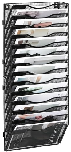 TQVAI 14 Compartimentos Malla Metal Revistero Pared Documentos Organizador Papeles A4 Colgante Oficina Archivador de Organizador Herramientas Pared, Negro