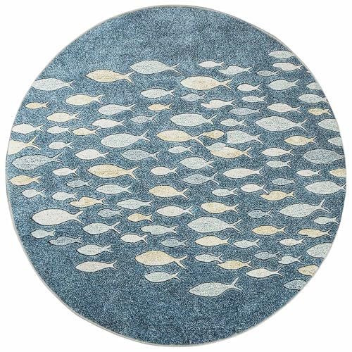 Betadistor Teal Rug Round 120 cm, Non Slip Area Rugs for Bedroom Soft Machine Washable Rugs Living Room Indoor Door Mat Fishes Print Circle Entryway Rug for Bedroom Living Dining Room, Teal, 403-10120