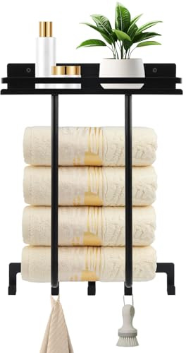 Dokeno Porta Asciugamani da Parete con Ganci e Mensola, Supporto per Asciugamani e Accessori da Bagno, Installazione a Vite, 32 x 16 x 45 cm, Nero