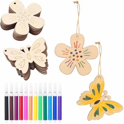 HERZONE 52 st träblommor för målning, med akvarellpenna, vårdekoration, hänge, fjärilar, blommor, trä, hänge, vår, hängande trä, hängande fönsterdekoration (fjäril + blommor)