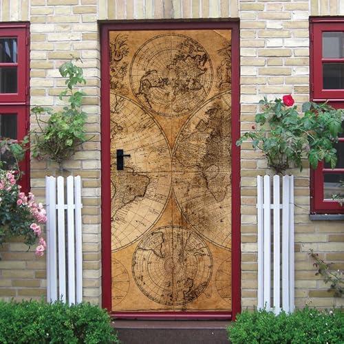 Pegatinas para Puertas de PVC Mapa Antiguo Complejo Pegatina Mural 3D para Puertas Interiores MarróN Impermeable y Autoadhesiva, para Dormitorio y Sala de Estar 95x215 cm