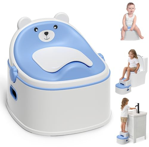 3-in-1 Potty Training Toilet, Portable Potty, Potty Training Seat and Toddler Step Stool, Easy Setup and Clean, Anti-Slip Toddler Potty Trainer for Boy Girl,Blue