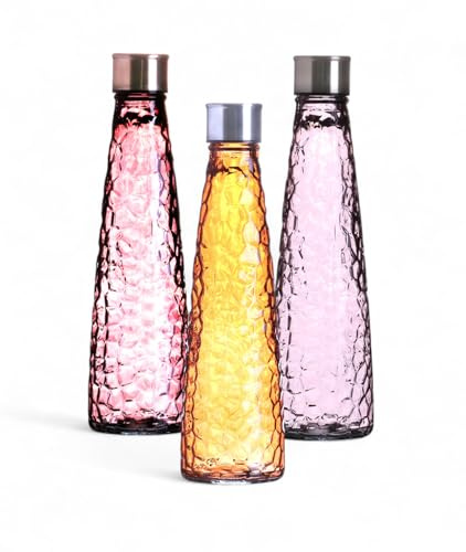 Lot de 3 bouteilles d'eau en verre vintage 750 ml - Structure diamant - Bouteilles en verre colorées avec bouchon à visser - Carafe pour eau, jus et boissons - Couleurs pastel (diamant violet gris