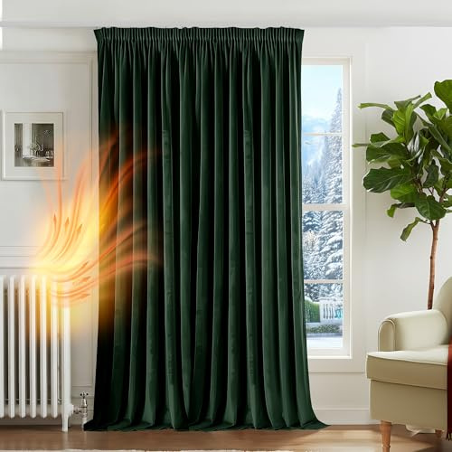Deconovo Dark Green Velvet Blackout Curtain,Pencil Pleat Curtain Thermal Insulated Drape, Luxury Soft Christmas Panel with Rod Pocket for Bedroom,W118 x L87, Dark Green, 1 Piece