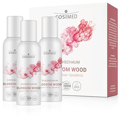cosiMed Schiuma doccia Blossom Wood – Set da 3 x 100 ml | Lussuosa schiuma per la cura con gelsomino, rosa e legno di sandalo, pulizia delicata e profumo floreale, confezione sostenibile e vegana