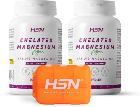 HSN Bisglicinato de Magnesio (350mg Mineral Elemental) | PACK 2 de 120 Cápsulas Veganas + 1 Pastillero Semanal | 100% Magnesio Glicinato Alta Biodisponibilidad y Absorción | No-GMO Vegano Sin Gluten