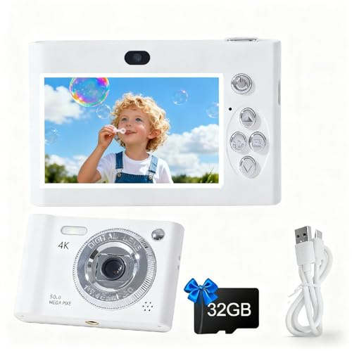 Digital Camera with Dual Screen,Autofocus 4K 48MP Vlogging Cameras for Photography with 32GB Card,Point and Shoot Kids Cameras,16X Zoom,Anti-Shake,Present for Kid Teen Beginner. (White)