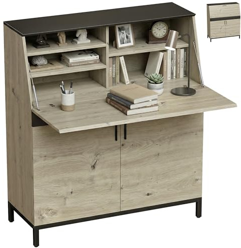 HOMCOM Bureau secrétaire 100 cm - Bureau d'ordinateur industriel moderne avec étagères et armoire - Table de bureau pour bureau ou chambre à coucher - Bois naturel + noir