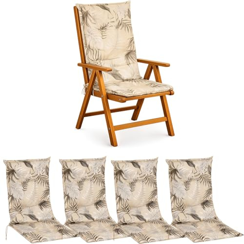 BURI 4 cojines para silla de jardín de 117 x 49 x 6 cm, resistente a la intemperie, con núcleo de espuma y vellón completo, cinta de sujeción y lazos, cómoda almohadilla para silla para balcón