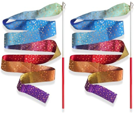 2 stycken dansband för barn, 2 m, rytmisk sportgymnastik band med stång, guldstjärna, färggradient, gymnastikband för flickor, gymnastiktillbehör för konstnärlig dans och akrobatik, 30 cm stav