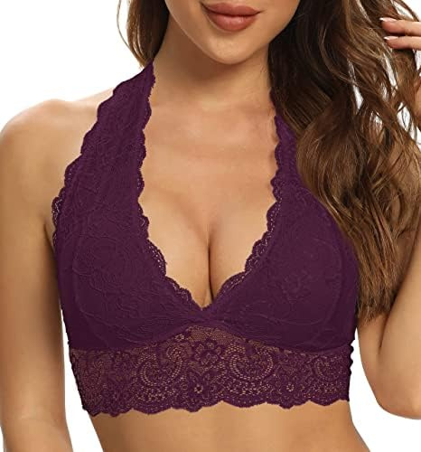 SHEKINI Neckholder BH bralette dam spets blommor bustier crop top triangel bh utan bygel avtagbar vadderad behå djup urringning korsett topp sexiga underkläder, Fuchsia, 6002, L