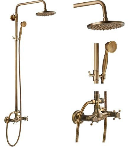 Antique Brass Shower Faucet Set - Brushed Gold Finish with 8 Inch Rainfall Shower Head and Handheld Spray with Cross Handle