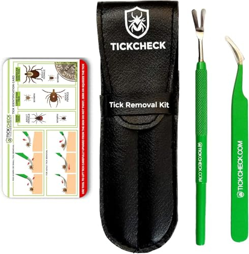TickCheck Premium Tick Remover Kit - Stainless Steel Tick Remover + Tweezers, Leather Case, and Free Pocket Tick Identification Card (2 Sets)