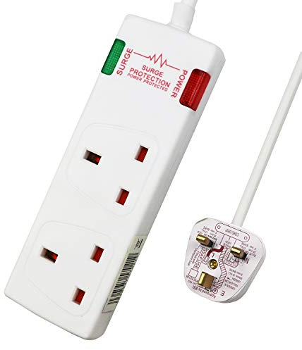 ExtraStar 2 Way Double Socket Power Mains Extension Lead 1.8M Metre Cable - Surge Protected British Approved 13A - White