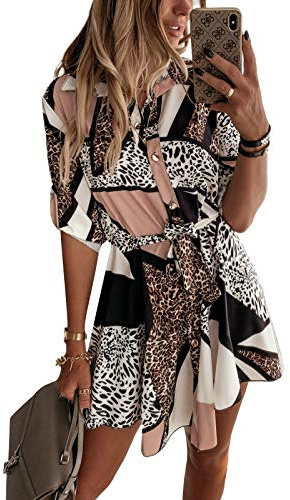 Loalirando Abito Donna Maniche Lunghe Stampa Leopardato Camicia Elegante Donna Ufficio Casual Cerimonia (Multicolore, L)