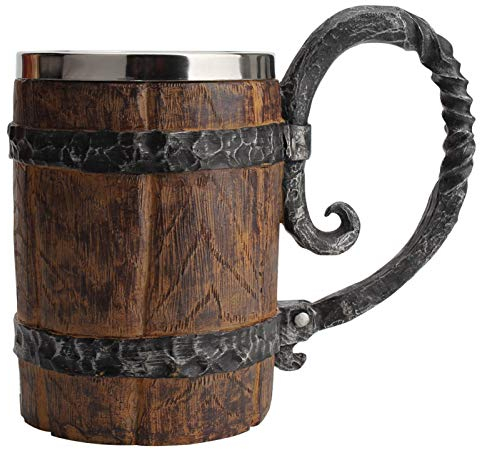 GeKLok Boccale da birra in acciaio inox, a doppia parete, 650 ml, con manico, stile pirata vichingo, fantasia, taverna medievale, boccale in legno, per bar, ristorante, decorazione per la casa