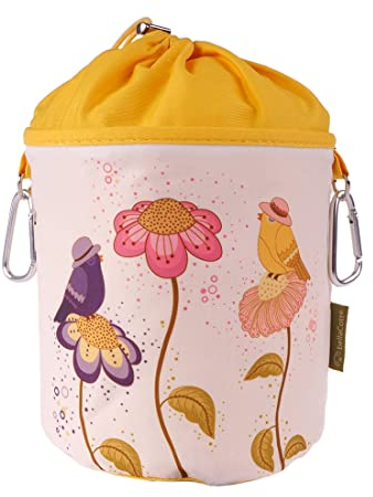 bellaCott Tragbarer Wäscheklammerbeutel Baumwolle – Motiv Vögel auf Blumen – Wäschesack mit Karabinern & Kordel – Ø18 x 31 cm – Stoffbeutel für Klammern, Camping, Haushalt & Garten