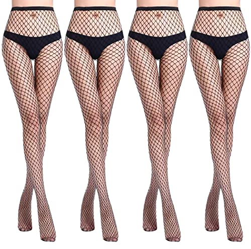 WOOKIT 4 Paar Schwarze Sexy Hohe Strümpfe Strumpfhosen Netzstrumpfhosen Netzstrümpfe Taille Fischernetz Strumpfhosen für Damen-Mittleres Netz