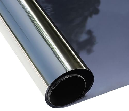 ConCus-T One Way Window Film Heat Control Sun Blocker Anti Glare Blackout Window Tint Film Mirror Effect Film UV Solar Film Static Cling Covering, Black Silver, 30 x 200cm