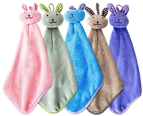 Qixuer 5 Stück Kinder Handtuch, Tier Kinderhandtuch Set Kleine Kaninchenform Mikrofaser Handtuchset Schnell Trocknende Waschlappen mit Aufhängeöse Baby Badetuch Duschtuch für Küche und Badezimmer