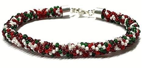 Armband 925 Silber Verschluß Glasperlen Häkelkette weiß rot grün Handarbeit 22cm