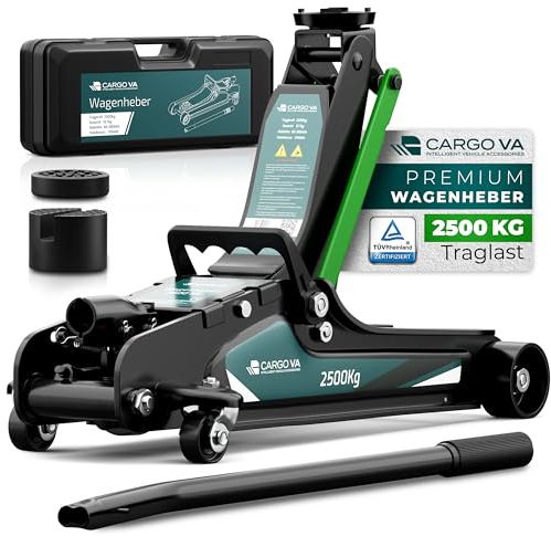 CargoVA Cric idraulico 2,5T – TÜV – Corsa 85-380mm – Basso per auto ribassate – Cric a carrello incluso pad in gomma [Valigia]
