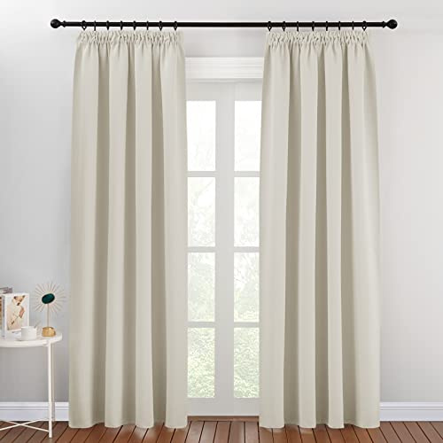 PONY DANCE Blackout Pencil Pleat Curtains, Light Beige, W46 x L84 Inch | Thermal Insulated Curtains with Noise Reducing & Privacy, Luxury Soft Window Treatment for Bedroom & Living Room, 2 Panels