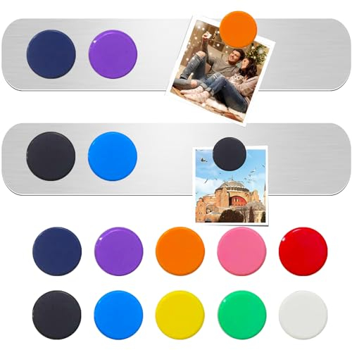 Magnetic Stainless Iron Board Strips Bulletin Bar Board Adhesive Frameless Bulletin Bar Strip with 10 Pieces Colorful Magnets and 8 Pcs Adhesive Tape, Memo Strip for School Office 2Pcs