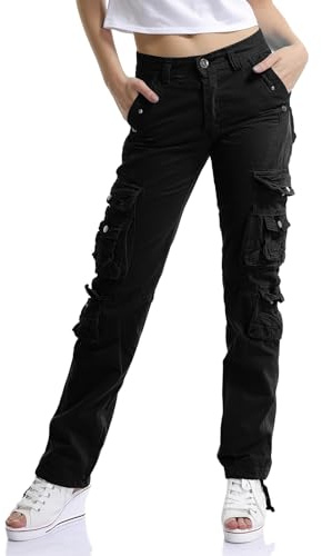 Aeslech Women's Cotton Casual Cargo Work Trousers High Waisted Travel Hiking Y2K Pants with Multi Pockets Black Tag 34 - UK 14