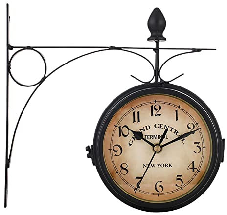 Lambo Horloge Murale Vintage, Horloge De Gare Rétro, Double Cadran avec Potence De Fixation Pendule Double Face pour L’intérieur Et L’extérieur Maison Jardin Cuisine Cour Séjour