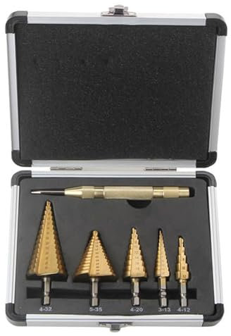 6PCS Foret Étagé Métal, Fraise Metal, 5 HSS Foret Conique + 1 Poinçon Central Automatique, pour Métal/Bois/Plastique