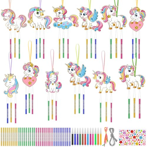 WuGU Bricolage Licornes Carillon à Vent Artisanat, 12 Pcs Carillon à Vent en Bois, Loisirs Créatifs Filles Kits, Activités Manuelles Décoration Cadeau Anniversaire pour Enfants 5 6 7 8 9 Ans