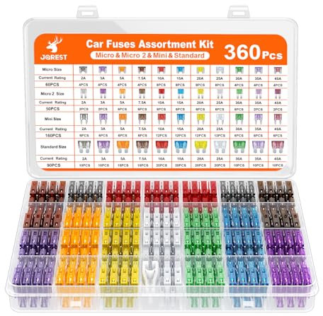 JOREST 360Pcs Fusibili Auto Assortiti Kit, 160 Mini Fusibili Auto + 90 Fusibile Medio + 50 Micro+ 60 Micro2 + Estrattori - per Camper/Camion/Moto (2A 3A 5A 7.5A 10A 15A 20A 25A 30A 35A 40A)