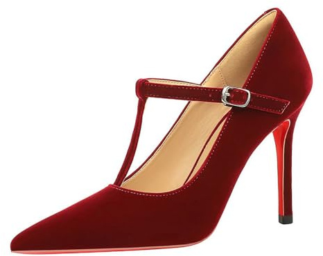 Generico Kvinnor Hög Stift Hög Klack Röd 10 cm Heels Pumps T-Band Bröllop Party Klänning