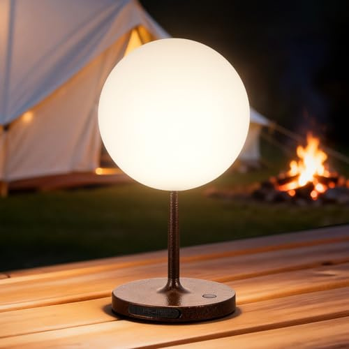 Vikdio Cordless Table Lamp, Waterproof 4000mAh Rechargeable Shower Lamp, Small Touch Light for Outdoor Indoor Bedroom Bathroom Camping Patio, Table Light with Spherical Lampshade - Antique Bronze | Bronze Metal Base, Round PE Lampshade, Waterproof LED Light for Indoor/Outdoor: Bedroom Living Room Bathroom Camping Patio