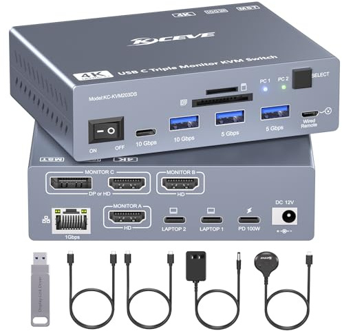 Thunderbolt 4 KVM Switch 3 Monitors 2 Laptops USB C 4K@60Hz,USB C KVM Switch Displaylink Docking Station for Windows Mac M1-M5, Extended Triple Displays,PD 100W,USB 3.0,USB 3.2,SD/TF,1G Ethernet