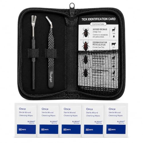 Comfiestyle Tick Remover Kit for Dogs, Cats & Humans – Stainless Steel Tick Removal Hook, Precision Tweezers, Tick Identification Card, 5 Sterile Wipes, Portable Carry Case for Pets, Hiking & Camping