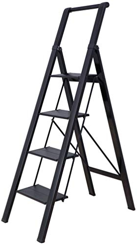 BAOYOUNI Escalera Plegable de 4 Peldaños con Apoyabrazos y Pedal Ancho Antideslizante Escalones Doméstica Carga Máxima de 135 kg, para Hogar, Oficina, Cocina, Garaje, Negro